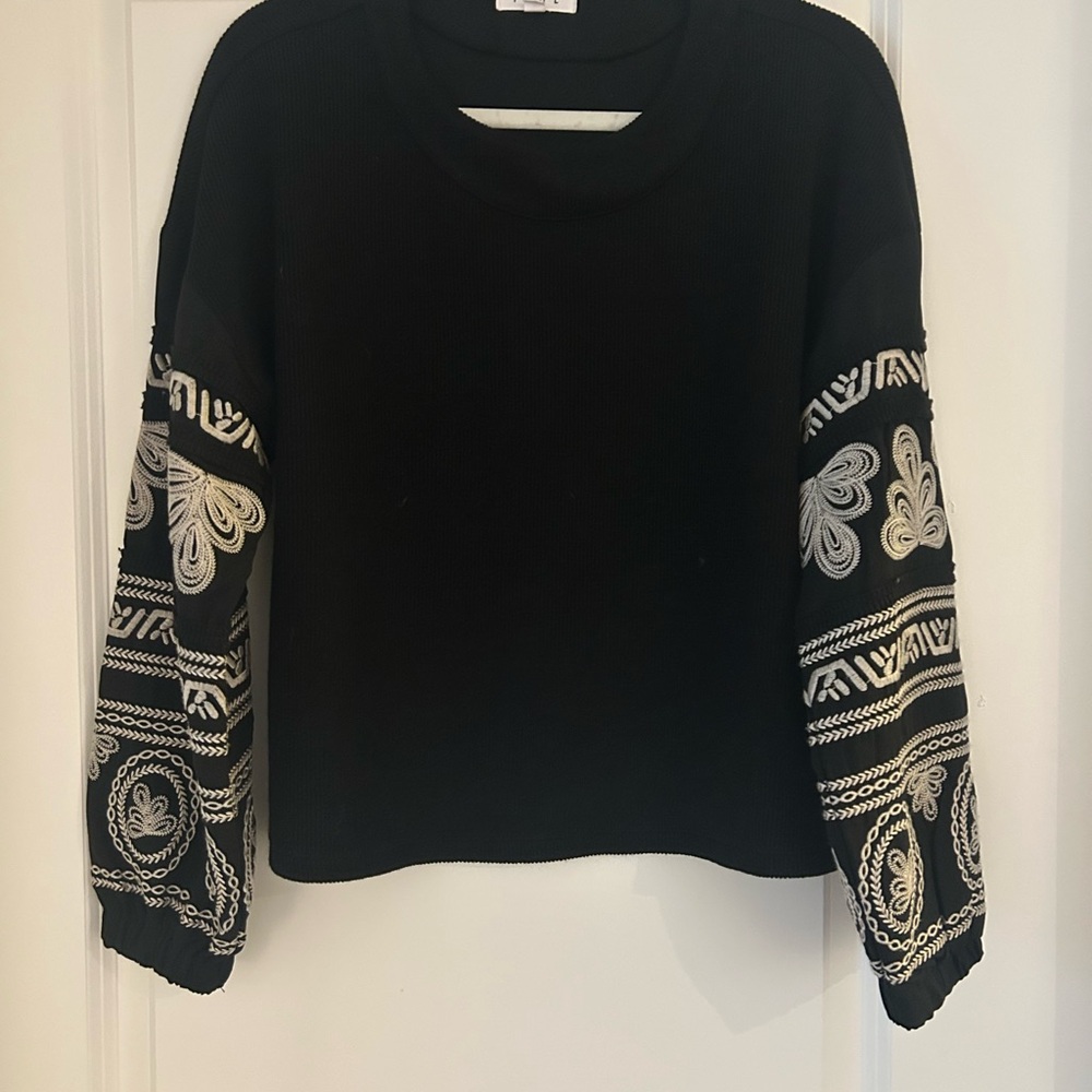 THML Black Top with Embroidered Sleeves